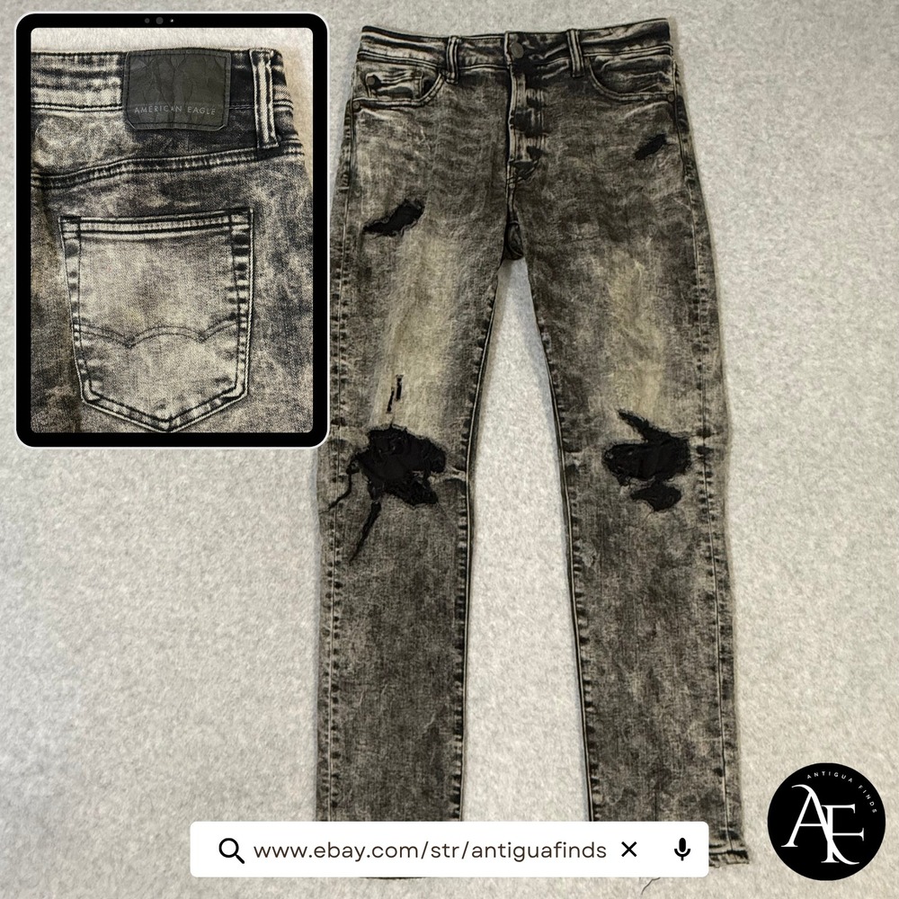 American Eagle Next Level Flex Slim Distressed Acid Wash Black Jeans 30x30